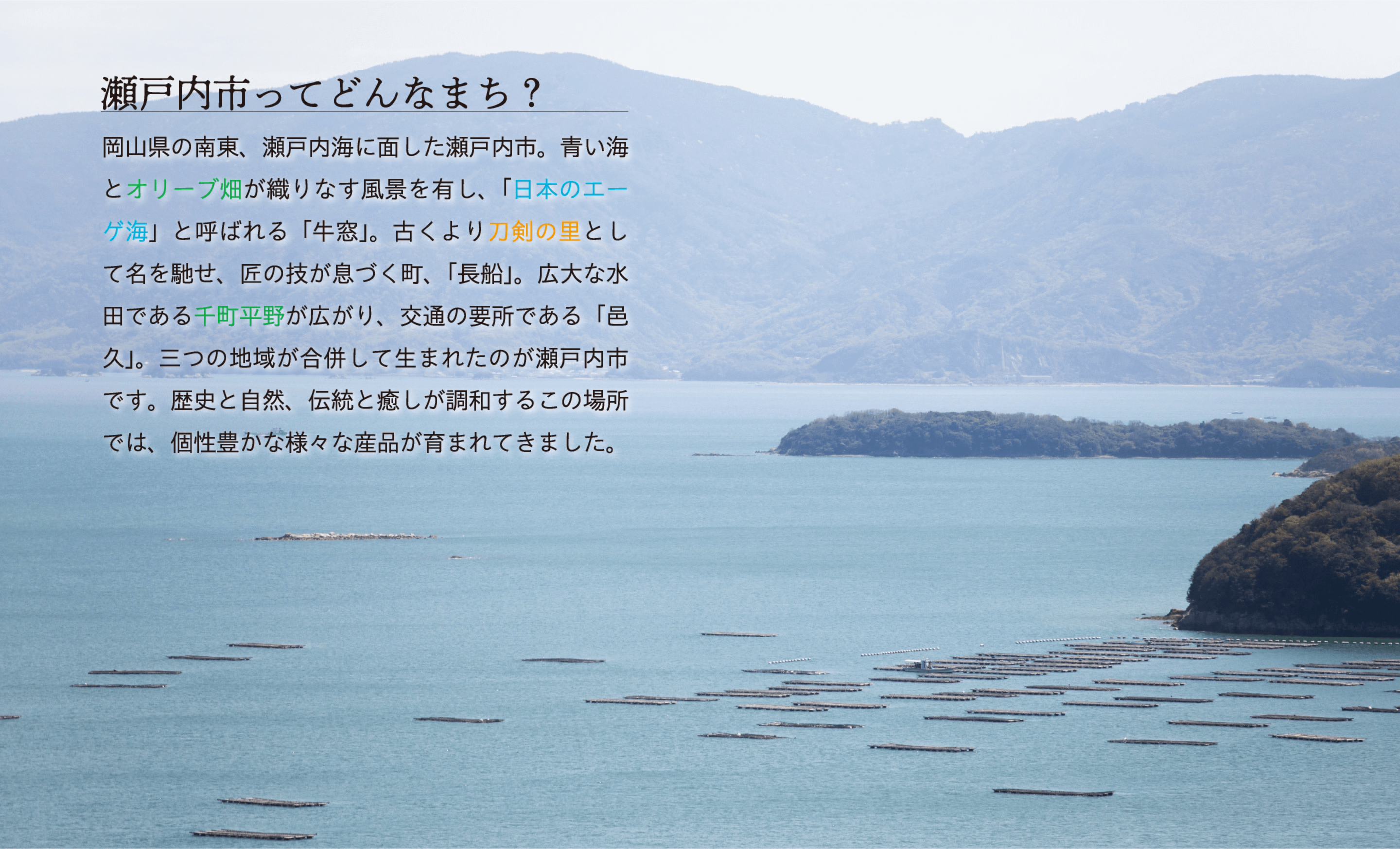 瀬戸内市ってどんなまち？ 岡山県の南東、瀬戸内海に面した瀬戸内市。青い海とオリーブ畑が織りなす風景を有し、「日本のエーゲ海」と呼ばれる「牛窓」。古くより刀剣の里として名を馳せ、匠の技化が息づく町、「長船」。広大な水田である千町平野が広がり、交通の要所である「邑久」。三つの地域が合併して生まれたのが瀬戸内市です。歴史と自然、伝統と癒しが調和するこの場所では、個性豊かな様々な商品が育まれてきました。